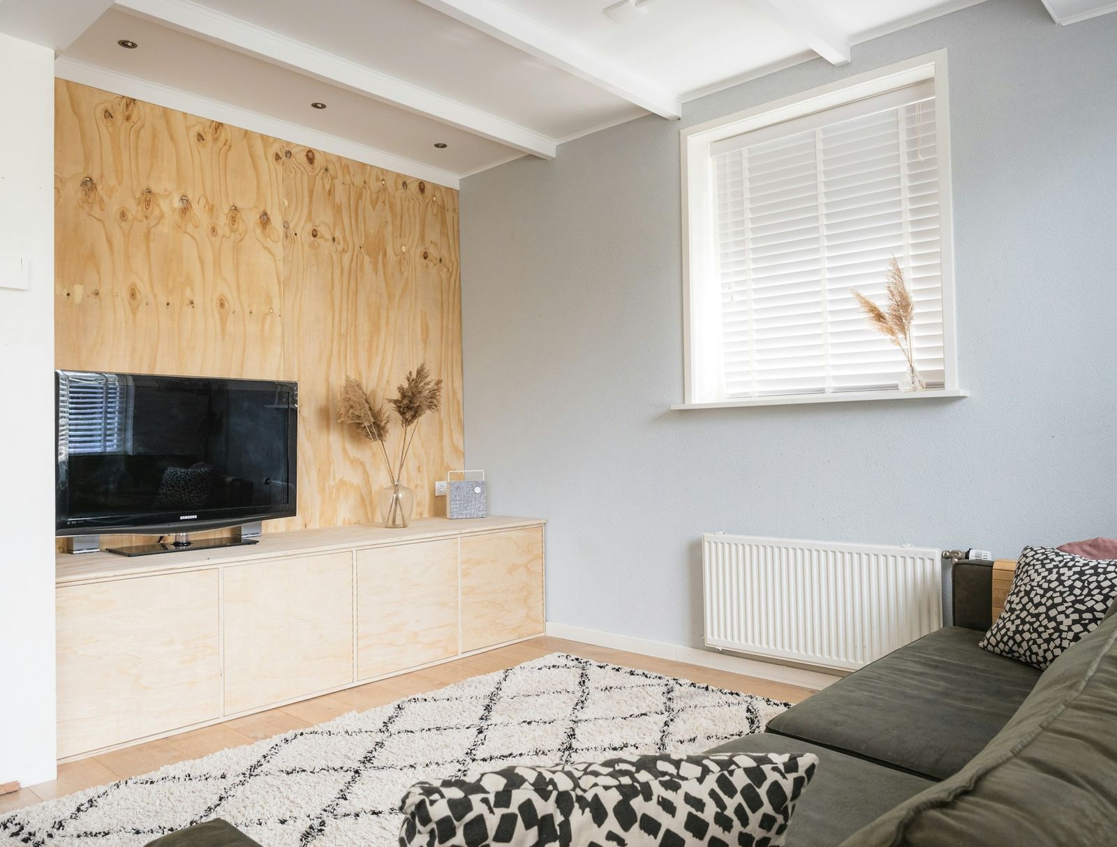 A living room with a radiator under the window